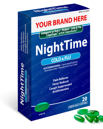 NIGHTTIME - Compare to Vick's NyQuil® Cold & Flu LiquiCaps® - OTC Own Brand Private Label