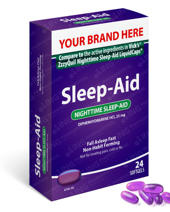 SLEEP AID - Diphenhydramine Hcl USP 25 mg Softgels- Compare to Vicks® ZzzQuil Nighttime Sleep-Aid LiquiCaps - OTC Own Brand Private Label