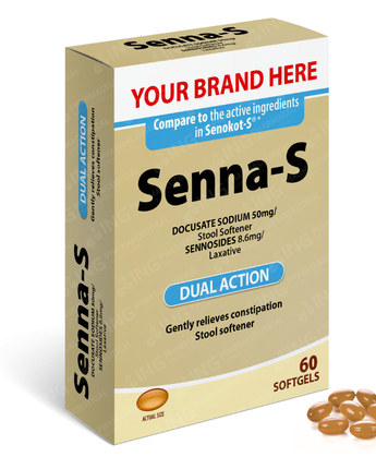 NATURAL LAXATIVE DUAL ACTION - Docusate sodium 50mg + Sennosides 8.6mg Softgels - Compare to Senokot-S® - OTC Own Brand Private Label